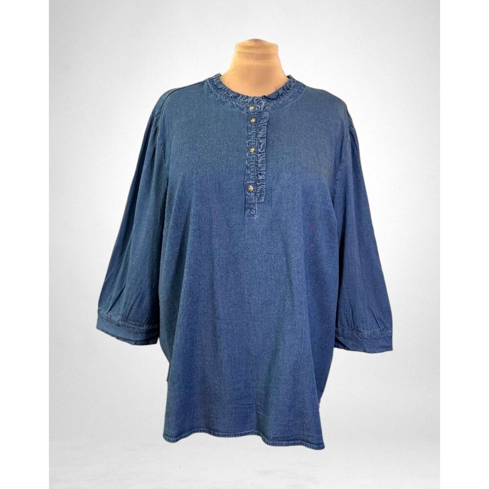 Denim & Co. 3/4-Sleeve Chambray Popover Ruffle Top, NEW! Size 5X